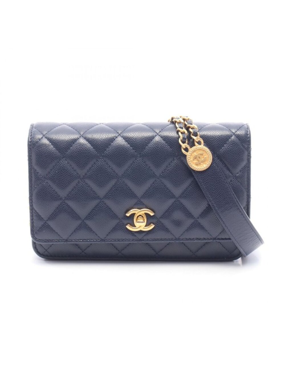 Chanel Shoulder Bag Quilted Navy Caviar Leather Chain Wallet